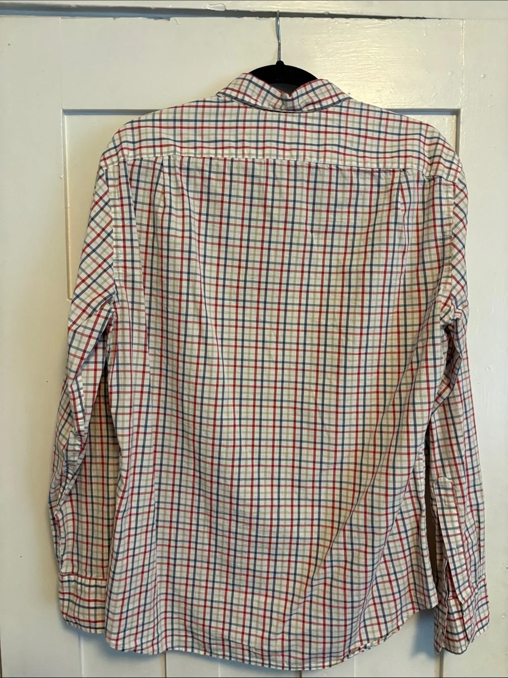 J. Crew Men's White Button-Down Shirt with Red & Blue Plaid